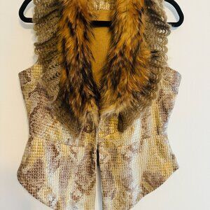 Dolce Cabo Womens M  Fur Vest Raccoon Trim Snake Print